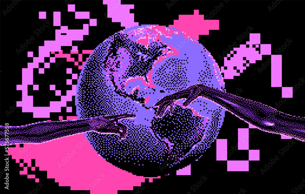 Poster Two hands going to touch together and the globe on a pixelated glitched background. Concept of communication in web space.