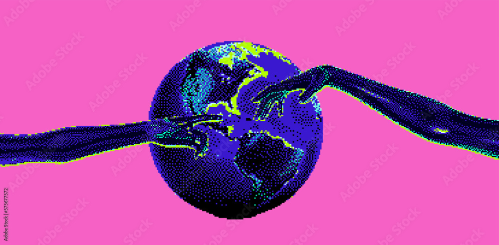 Aufkleber Two hands going to touch together and the globe on a pixelated glitched background. Concept of communication in web space.