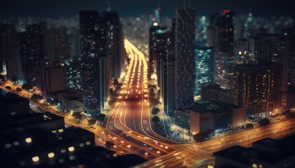 night modern city with traffic light in bird eyes view , Generative AI