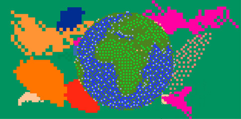 Fototapeta na wymiar The Earth Globe World geography sphere map model in pixel art style. The concept of The World Wide Web.