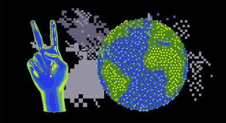 The 3D Earth Globe World geography sphere map model in pixel art style.