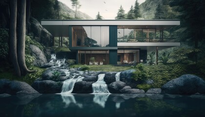 modern house in deep forest with waterfall , Generative AI