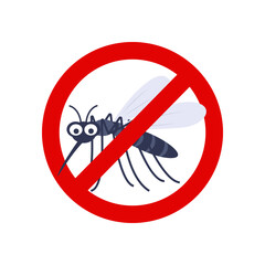 Anti mosquito, pest control. Stop insects sign. Silhouette of mosquito in red forbidding circle, vector illsutration.