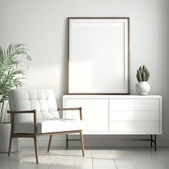 Un cadre photo vide blanc maquette minimaliste sur un mur avec des meubles en arri&egrave;re-plan.