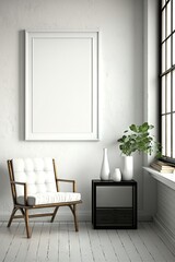 Fototapeta premium Un cadre photo vide blanc maquette minimaliste sur un mur avec des meubles en arrière-plan.