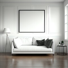 Un cadre photo vide blanc maquette minimaliste sur un mur avec des meubles en arri&egrave;re-plan.