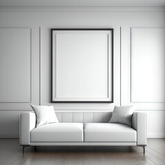 Un cadre photo vide blanc maquette minimaliste sur un mur avec des meubles en arrière-plan.