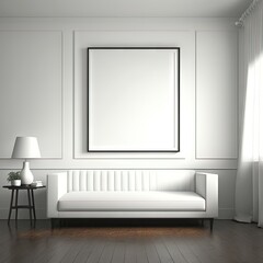 Fototapeta na wymiar Un cadre photo vide blanc maquette minimaliste sur un mur avec des meubles en arrière-plan.