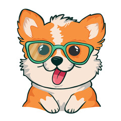 Cool Cartoon Cute Puppy Corgi with sun glasses on white background