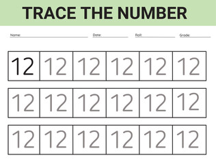 Number 12. card for kids learning to count and to write, worksheet for kids to practice writing skills, Vector illustration