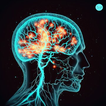 T&ecirc;te humaine avec des neurones brillants dans le cerveau.