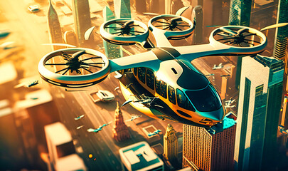 Autonomous flying taxis soar above congested roads, zipping travelers to their destinations