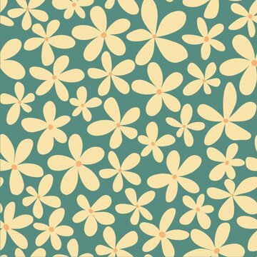 Seamless pattern with cute chamomile flowers. Daisy illustration hand drawn. Botanical plant green background. Wrapping, print or fabric texture © Ольга Е