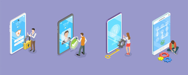 3D Isometric Flat Vector Conceptual Illustration of Biometrics Identification and Verification, Cyber Security Technologies