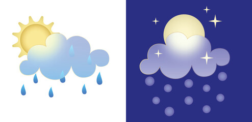 Set of weather icons. Glassmorphism style symbols for meteo forecast app Elements Isolated on white background Day and night autumn winter season sings Sun, rain and snow clouds. Vector illustrations