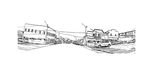 Building view with landmark of Port Alberni is the 
city in Canada. Hand drawn sketch illustration in vector. 