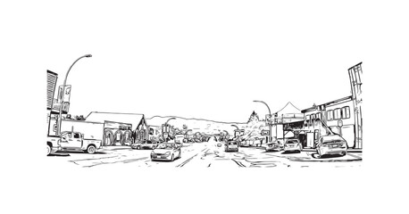 Building view with landmark of Port Alberni is the 
city in Canada. Hand drawn sketch illustration in vector. 