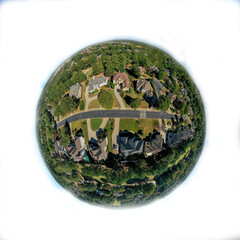 Transparent background 360 degree tiny planet view of an upscale subdivision in suburbs of USA