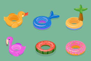 3D Isometric Flat Vector Set of Set Of Rubber Rings, Inflatable Swimming Toys