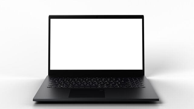 3D rendered Laptop with transparent screen and background for content replacement.