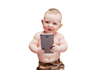 Funny happy baby boy with a phone in his hands. Smiling child holds a smartphone, isolated on a white background