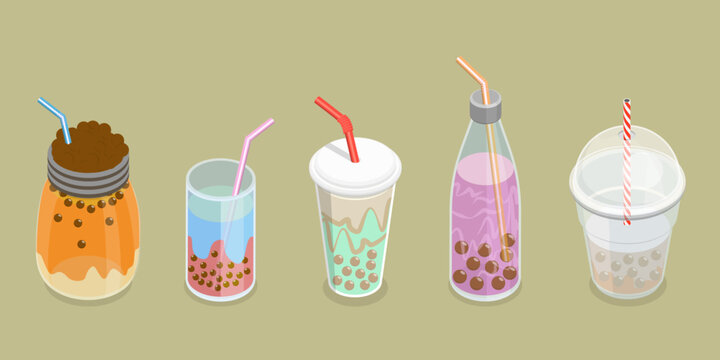 3D Isometric Flat Vector Set of Bubble Tea, Yummy Soft Drink
