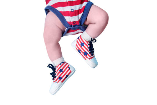 A newborn baby shoes in the colors of the American flag of the United States, isolated on a white background. A child in the boots of the red and white USA flag. Kid aged two months - Powered by Adobe