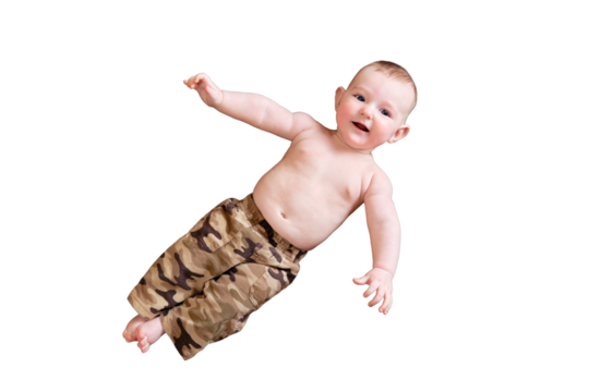 A funny happy baby boy is lying in a military uniform. Smiling child with a bare tummy in khaki clothes, isolated on a white background