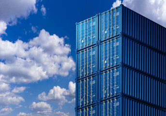 Twenty foot containers. Sea containers background on sky. Warehouse cargo tare. Blue containers are stacked on top each other. Metal boxes for storage and transportation. Logistic warehouse. 3d image.