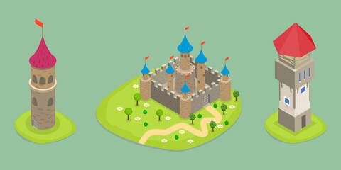 3D Isometric Flat Vector Set of Medieval Castles, Fortresses and Towers