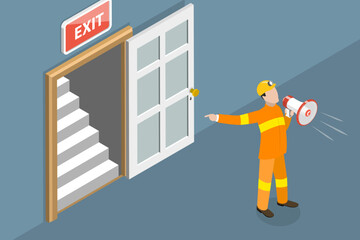 3D Isometric Flat Vector Conceptual Illustration of Emergency Evacuation Drill, Building Evacuation Procedure, Workplace Emergency Escape Training