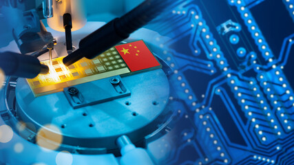 China PCB industry. Microprocessor with PRC flag. Symbol Peoples Republic of China on equipment. China technology PCB. Production of high-tech equipment. PCB manufacturing process close-up. 3d image