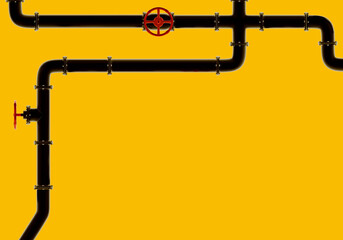Pipes for oil and gas industry. Pipeline is isolated on yellow. Metal pipe with pressure valves....