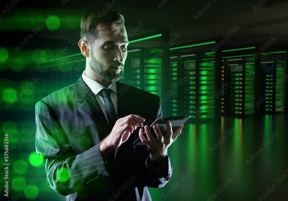 Poster data center manager. man with tablet. system administrator in server room. businessman uploads infor