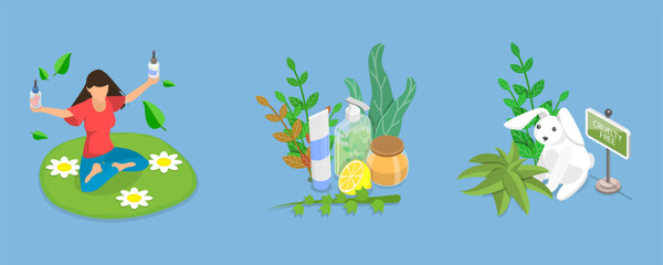 3D Isometric Flat Vector Conceptual Illustration of Vegan Cosmetic, Everyday Skin Care