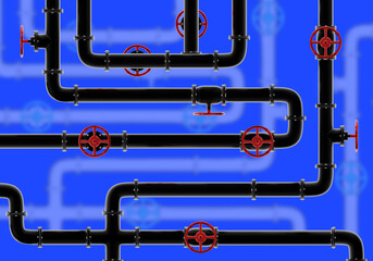 Texture with pipes. Labyrinth of pipes on blue background. Plastic pipes pattern. Black plastic piping. Texture of engineering communications. Pipeline with taps for adjustment. 3d rendering.