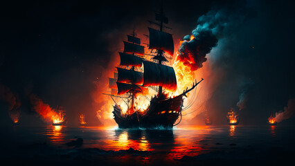 Ship ablaze at night, with flames and smoke billowing out from the burning vessel - obrazy, fototapety, plakaty