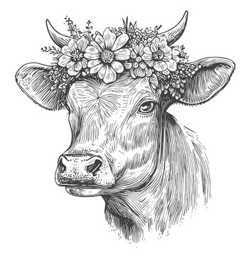 Portrait of Dairy Cow head with floral wreath. Farm animal in sketch style. Generative AI, illustration isolated