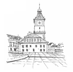 Travel sketch illustration of The Council Square in the historic centre of Brașov, Romania. Piața Sfatului. Urban sketch in black color on white background. A hand-drawn old building, a pen on paper.