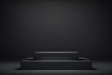 Platform or empty pedestal. Podium for product. Black Dark Box.