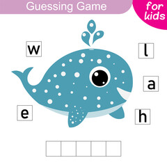 Guess the word. Whale. Logic puzzle game for kids to learn English words.