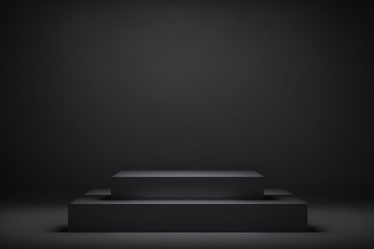 Platform or empty pedestal. Podium for product. Black Dark Box. © Goldie