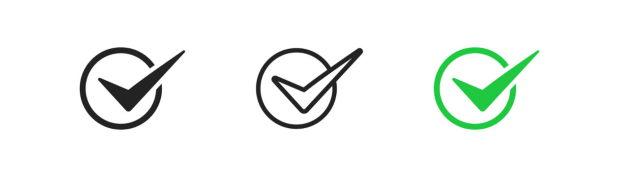 Chekmark in circle icon on light background. Green cheklist symbol. Tick, ok, agreement, positive, good, correct. Outline, flat and colored style. Flat design. Vector illustration.