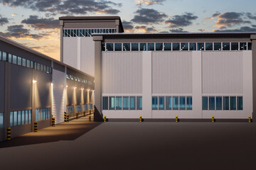 Warehouse buildings. Territory logistics center in evening. Warehouse hangars in industrial area. Storage building near factory. Industrial real estate. Visualization logistics warehouses. 3d image