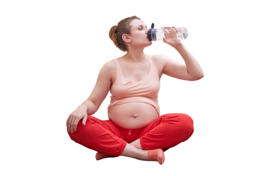 Pregnant woman does fitness at home and drinks water from a sports bottle, isolated on a white background