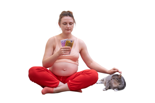 Yoga at home during pregnancy with money in euros for training, isolated on a white background. Pregnant woman on sports workout during quarantine looks at money - Powered by Adobe