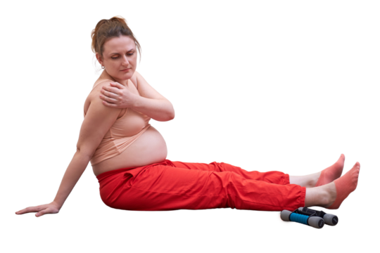 Fitness at home during pregnancy and problems with getting an arm injury, isolated on a white background. Pregnant woman at sports training holds on to a shoulder sprain
