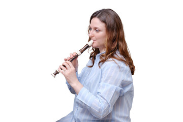 Portrait of an adult female musician in blue clothes, isolated on a white background