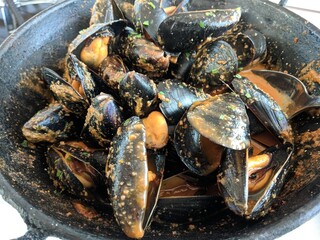Delicious fresh steamed mussels in white wine sauce