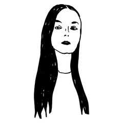 Pretty Caucasian girl with long loose dark hair. Female portrait. Hand drawn vector sketch. Black silhouette on white background.